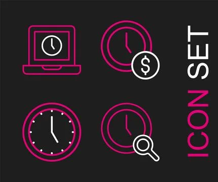 Set line Magnifying glass with clock, Clock, Time is money and Laptop time .. Ilustração Stock