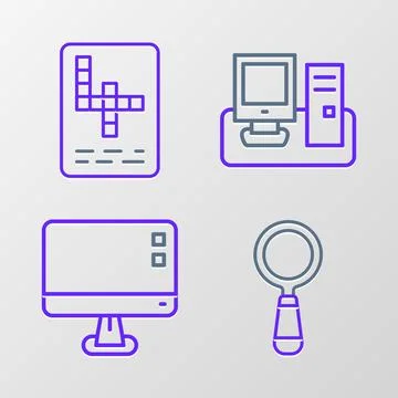 Set line Magnifying glass, Computer monitor screen, Monitor with keyboard and Stockillustratie