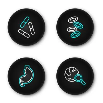 Set line Magnifying glass with globe, Human stomach, Hemoglobin and Virus i.. Stock Illustration