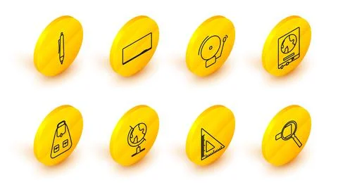 Set line Magnifying glass, Triangular ruler, Earth globe, School backpack, World Illustrazione stock