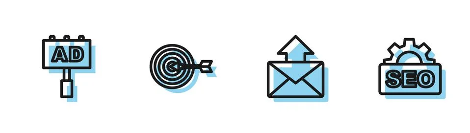 Set line Mail and e-mail, Advertising, Target and SEO optimization icon. Vector Stockillustratie