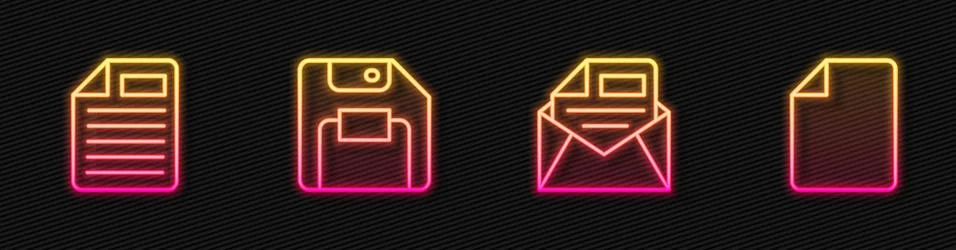 Set line Mail and e-mail, File document, Floppy disk and . Glowing neon icon Stock Illustration