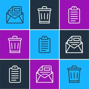 Set line Mail and e-mail, To do list or planning and Trash can icon. Vector Stock Illustration