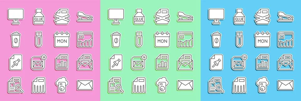 Set line Mail and e-mail, Graph chart infographic, Delete file document, USB Illustrazione stock