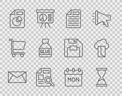 Set line Mail and e-mail, Old hourglass, File document, Document with graph Stock Illustration