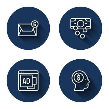 Set line Mail and e-mail, Stacks paper money cash, Advertising and Business man Illustrazione stock