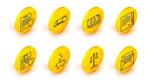 Set line Mail and e-mail, Scales of justice, Piggy bank with coin, Document key Stockillustratie