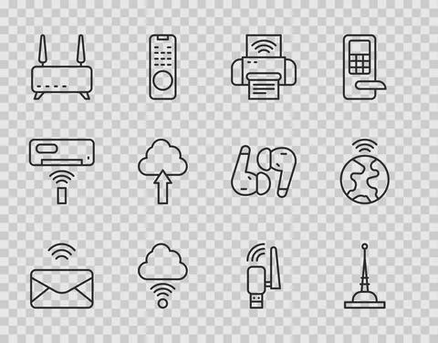 Set line Mail and e-mail, Antenna, Smart printer system, Network cloud Stock Illustration