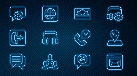 Set line Mail and e-mail, Call center location, Stacks paper money cash Illustrazione stock