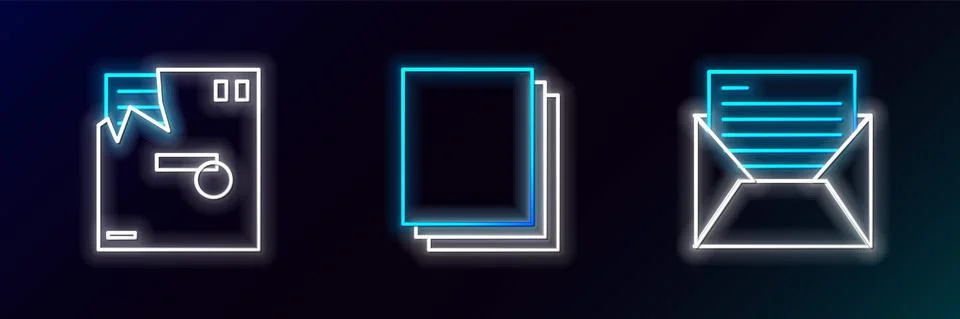 Set line Mail and e-mail, Ordered envelope and Clean paper icon. Glowing neon Stock Illustration