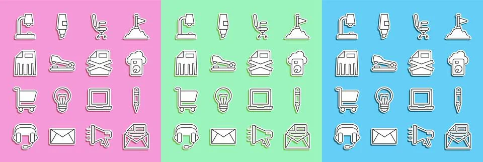 Set line Mail and e-mail, Pencil, Cloud database, Office chair, Stapler, Paper 库存插图