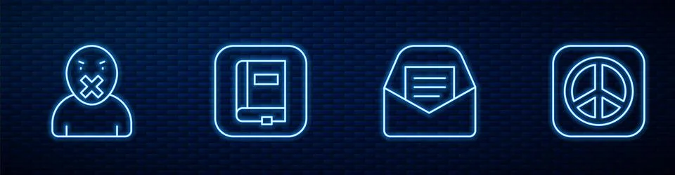 Set line Mail and e-mail, Censor freedom of speech, Law book and Peace. Glowing イラスト素材