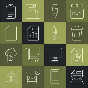 Set line Mail and e-mail, Document with graph chart, Trash can, Marker pen, File Stock-Illustration