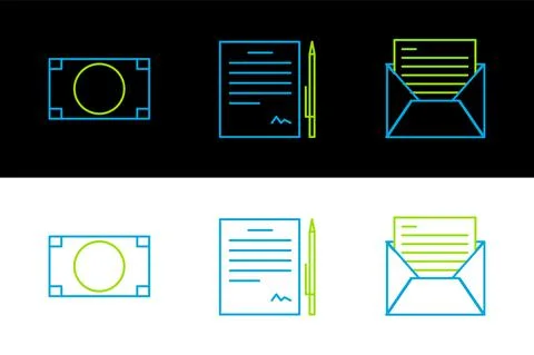 Set line Mail and e-mail, Stacks paper money cash and Contract with pen icon Illustrazione stock