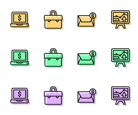 Set line Mail and e-mail, Laptop with dollar, Briefcase and Monitor graph chart Illustration