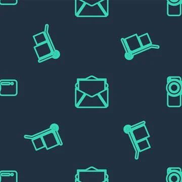 Set line Mail and e-mail, Hand truck boxes and Cinema camera on seamless pattern Illustration