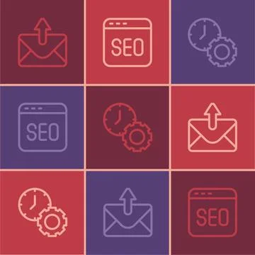 Set line Mail and e-mail, Time management and SEO optimization icon. Vector Illustrazione stock