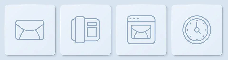Set line Mail and e-mail, Telephone handset and Clock. White square button. V Stock Illustration