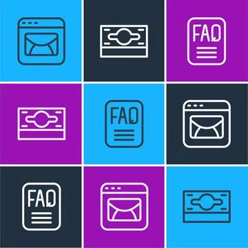 Set line Mail and e-mail, FAQ information and Stacks paper money cash icon. V Illustrazione stock
