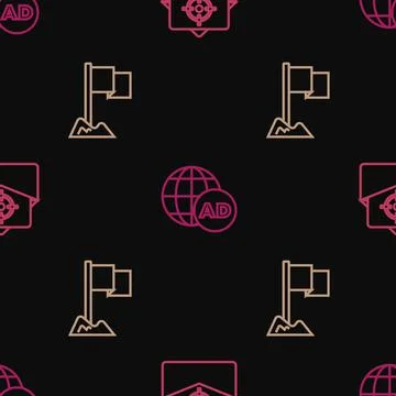 Set line Mail and e-mail, Location marker and Advertising on seamless pattern Ilustración de archivo