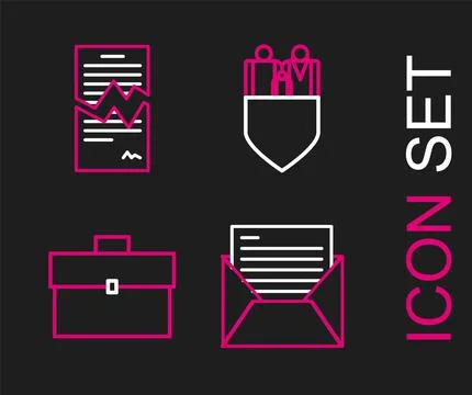 Set line Mail and e-mail, Briefcase, Family insurance with shield and Torn co Illustration