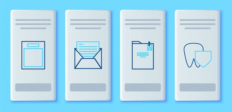 Set line Mail and e-mail, Personal folder, Empty form and Tooth with shield icon Stock Illustration