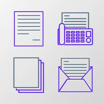 Set line Mail and e-mail, Clean paper, Fax machine and Document icon. Vector Illustrazione stock