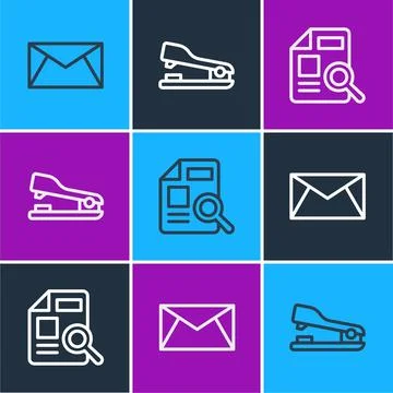 Set line Mail and e-mail, Document with graph chart and Stapler icon. Vector Illustrazione stock