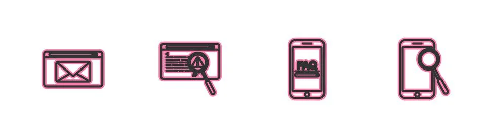 Set line Mail and e-mail, Mobile with FAQ information, System bug concept and Stock-Illustration