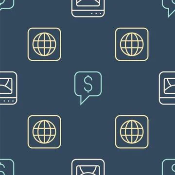 Set line Mail and e-mail, Worldwide and Paid support on seamless pattern. V.. Ilustración de archivo