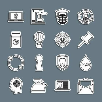 Set line Mail and e-mail, Water drop with H2O, Push pin, Graduation cap on .. Illustration