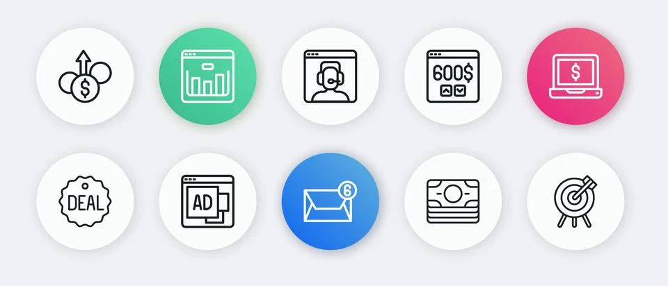 Set line Mail and e-mail, Laptop with dollar, Deal, Stacks paper money cash.. Illustrazione stock