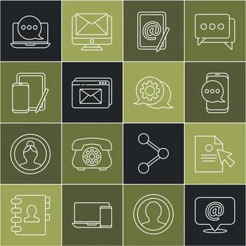 Set line Mail and e-mail, Document cursor, Chat messages notification on ph.. Illustrazione stock