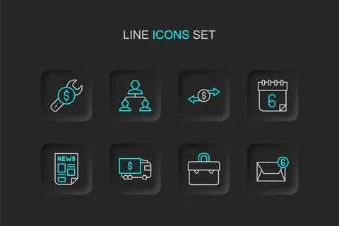 Set line Mail and e-mail, Briefcase, Armored truck, News, Calendar, Money e.. Stock Illustration