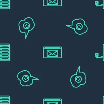 Set line Mail and e-mail, Speech bubble with smile face and Server on seamles Illustrazione stock