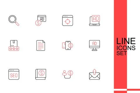 Set line Mail and e-mail, Human money, Financial book, SEO optimization, Ad.. Stock Illustration