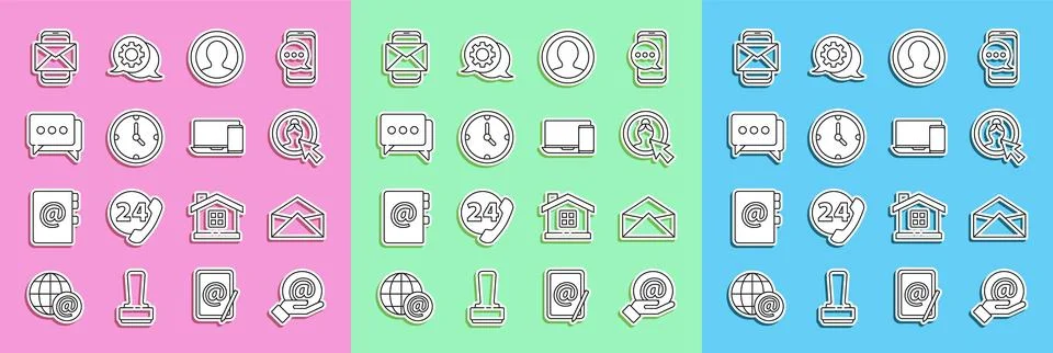 Set line Mail and e-mail in hand, Envelope, Create account screen, Clock, S.. Stock Illustration