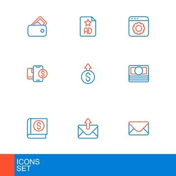 Set line Mail and e-mail, Financial book, Stacks paper money cash, Mobile w.. イラスト素材