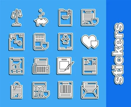 Set line Mail and e-mail, Personal document, Heart with shield, folder, Sma.. Stock-Illustration