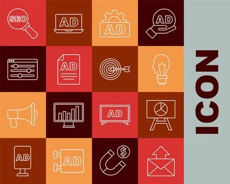 Set line Mail and e-mail, Board with graph chart, Light bulb concept of ide.. Stock Illustration