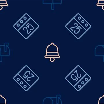 Set line Mail box, Christmas day calendar and ringing bell on seamless pattern Stock Illustration
