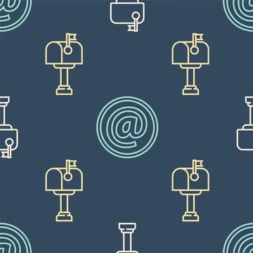 Set line Mail box, Mail box and Mail and e-mail on seamless pattern. Vector Stock Illustration