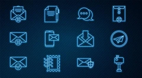 Set line Mail box, Paper plane, Speech bubble chat, Mobile and envelope, De.. Stock Illustration