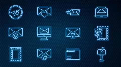 Set line Mail box, Postal stamp, Express envelope, Monitor and, Envelope check Illustrazione stock