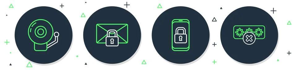 Set line Mail message lock password, Mobile with closed padlock, Ringing alarm Illustrazione stock