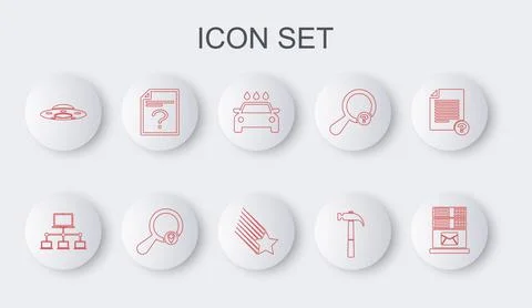 Set line Mail server, Computer network, Car wash, Hammer, UFO flying spaceship Ilustración de archivo