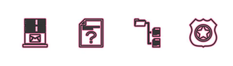 Set line Mail server, Folder tree, Unknown document and Police badge icon Stock Illustration