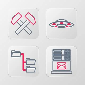 Set line Mail server, Folder tree, UFO flying spaceship and Two crossed ham.. Stock Illustration