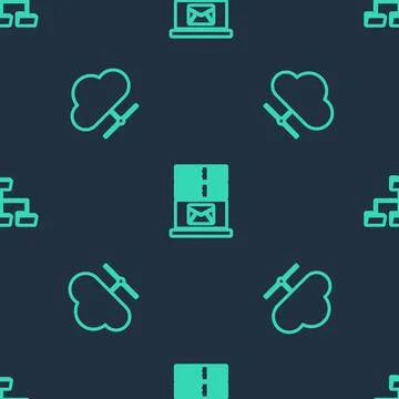 Set line Mail server, Network cloud connection and Folder tree on seamless Stock Illustration