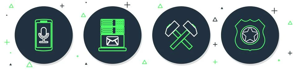 Set line Mail server, Two crossed hammers, Mobile recording and Police badge 스톡 일러스트
